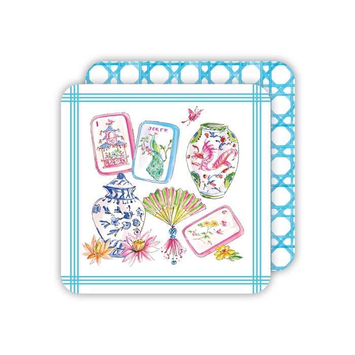 RosanneBeck Collections - Mahjong Icons Pots Fan Tiles and Flowers Square Coaster