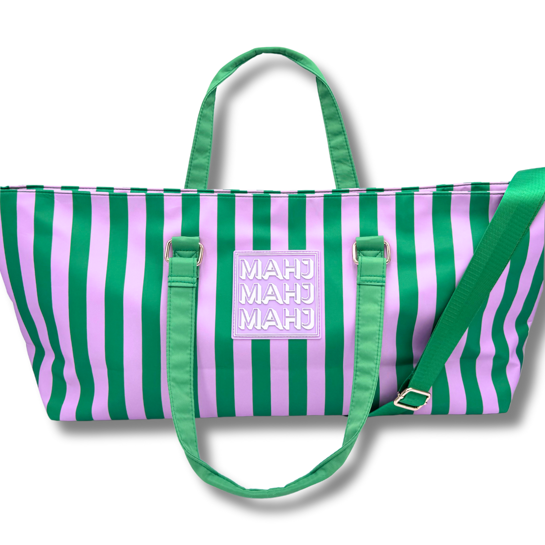 My Fair Mahjong - MAHJONG TOTE BAG  |  Wide with Zipper Closure: Stripes- Purple & Green Tote Bag