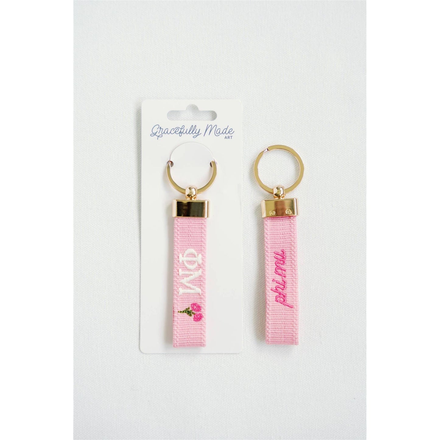 Gracefully Made Art - Phi Mu Embroidered Keychain, Sorority