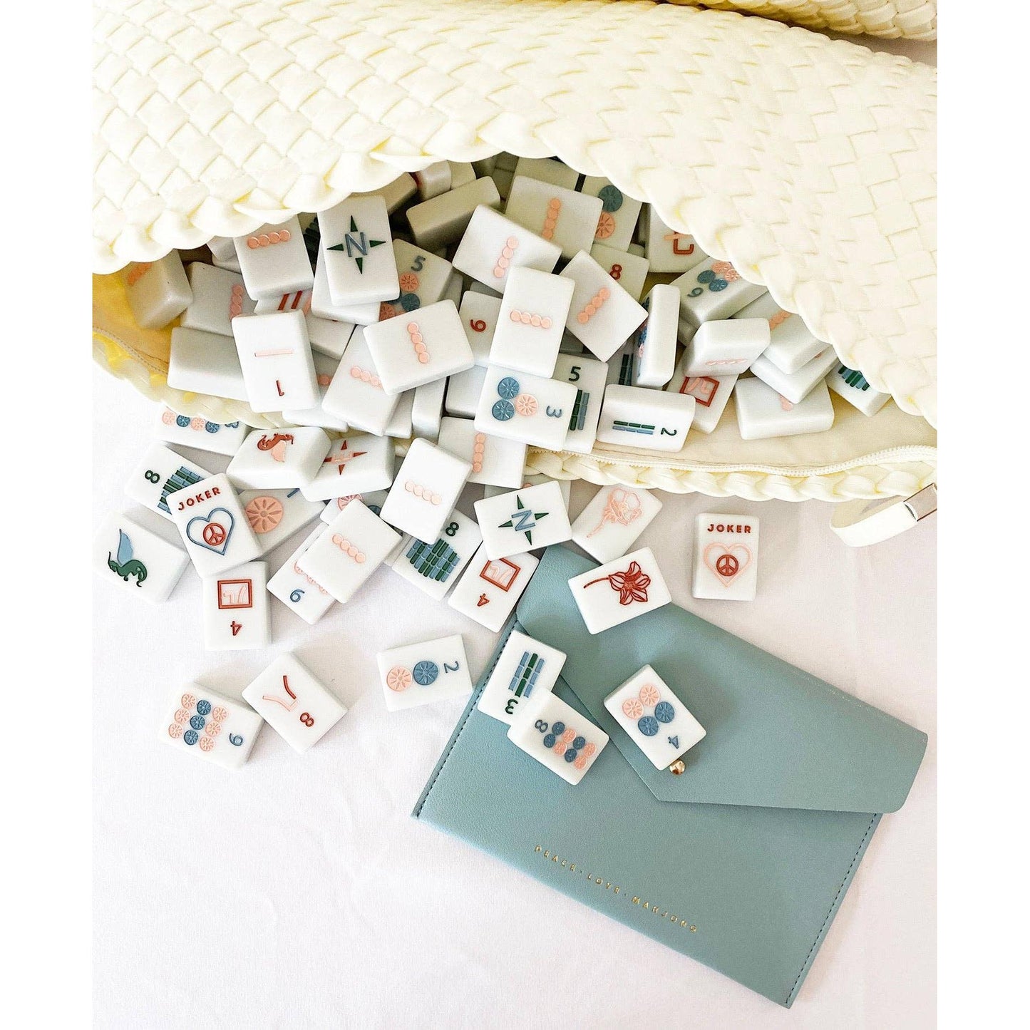 Peace Love Mahjong - Woven Mahjong Carryall : Aqua