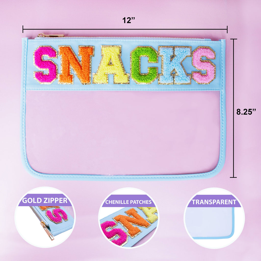 Large Clear Chenille Letter Patch Pouch - SNACKS- PC: White
