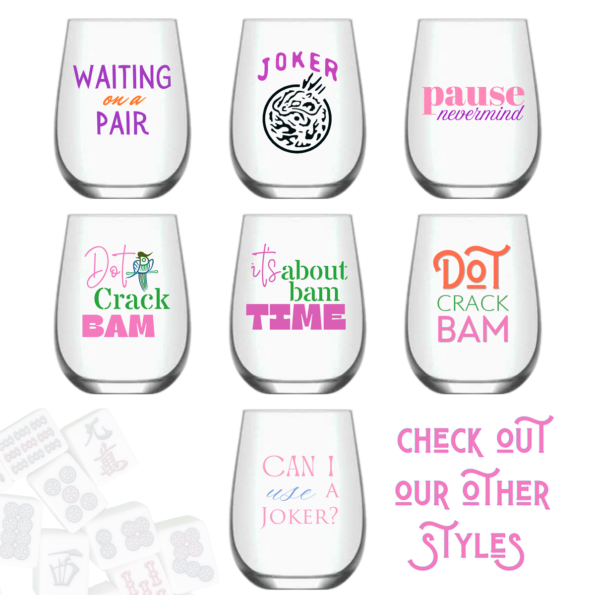 Mahjong Stemless Wine Glass "Pause Nevermind" - Single 1ct - Fabuplates