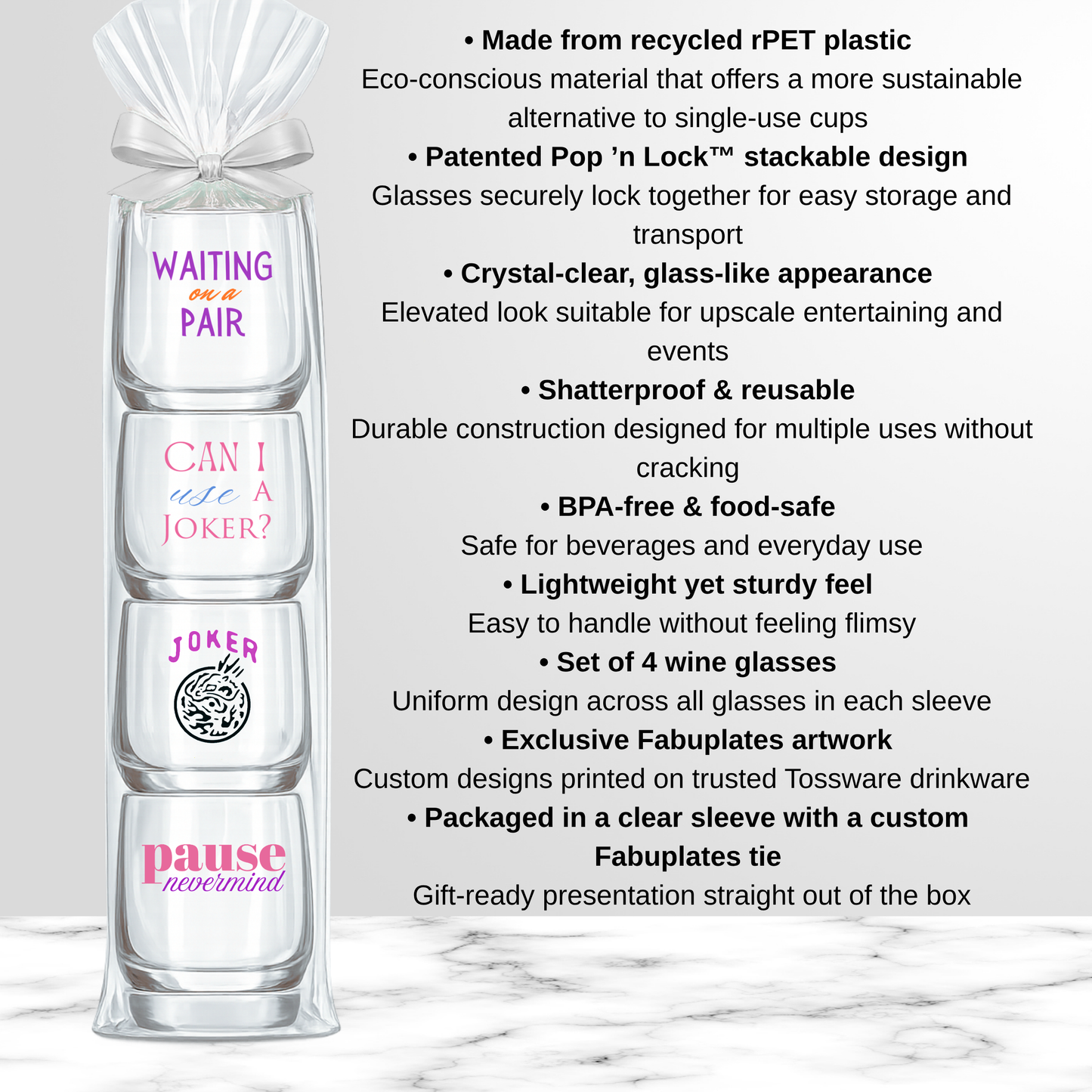 Fabuplates - Mahjong Stemless 4 ct VARIETY Gift Set Plastic Wine Glasses