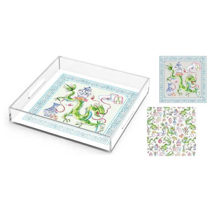 RosanneBeck Collections - Dragon Blue Chinoiserie Pots Mahjong Acrylic Tray 12x12