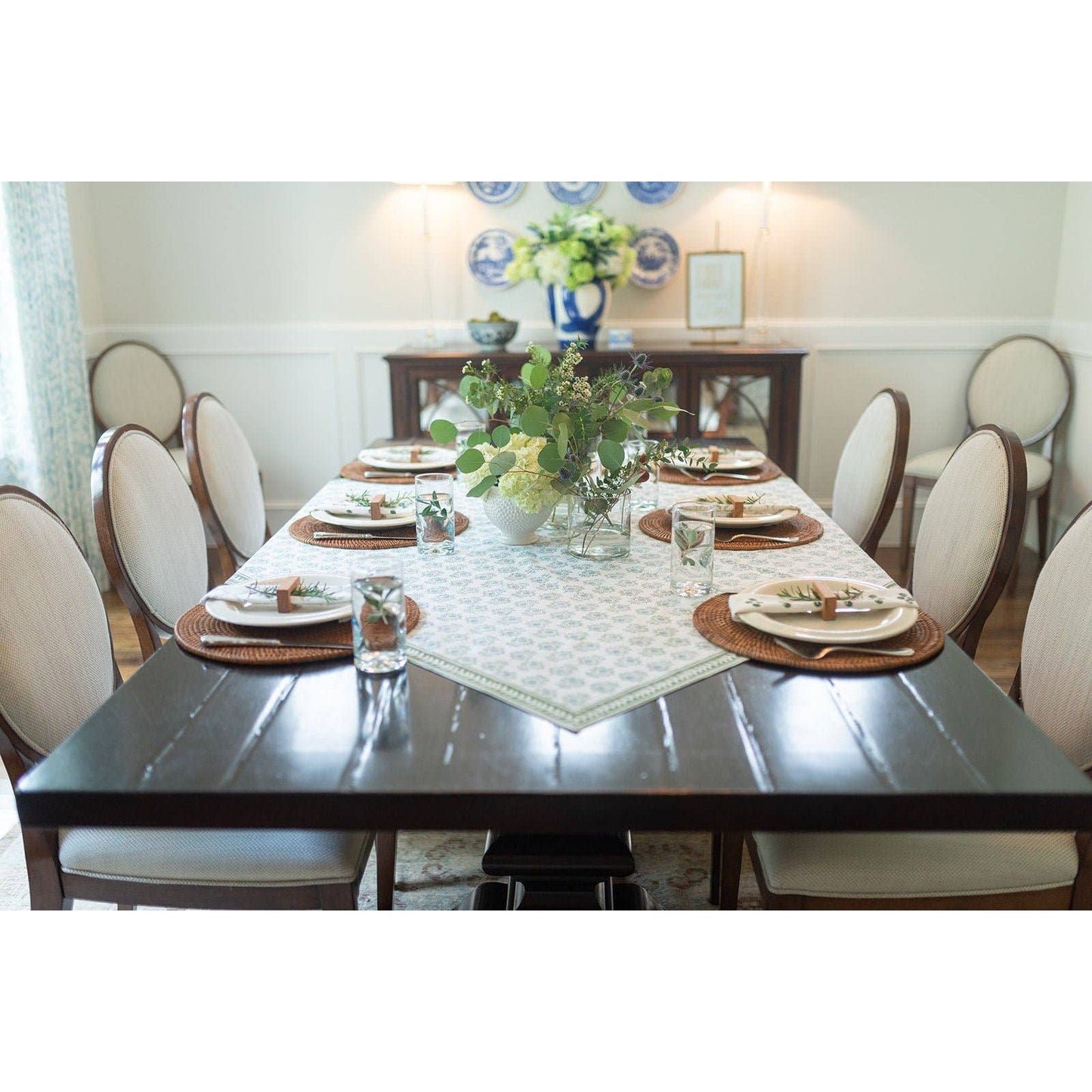 Mended - Table Throw - Lotus, Sage & Uniform Blue with Sage Vine Border