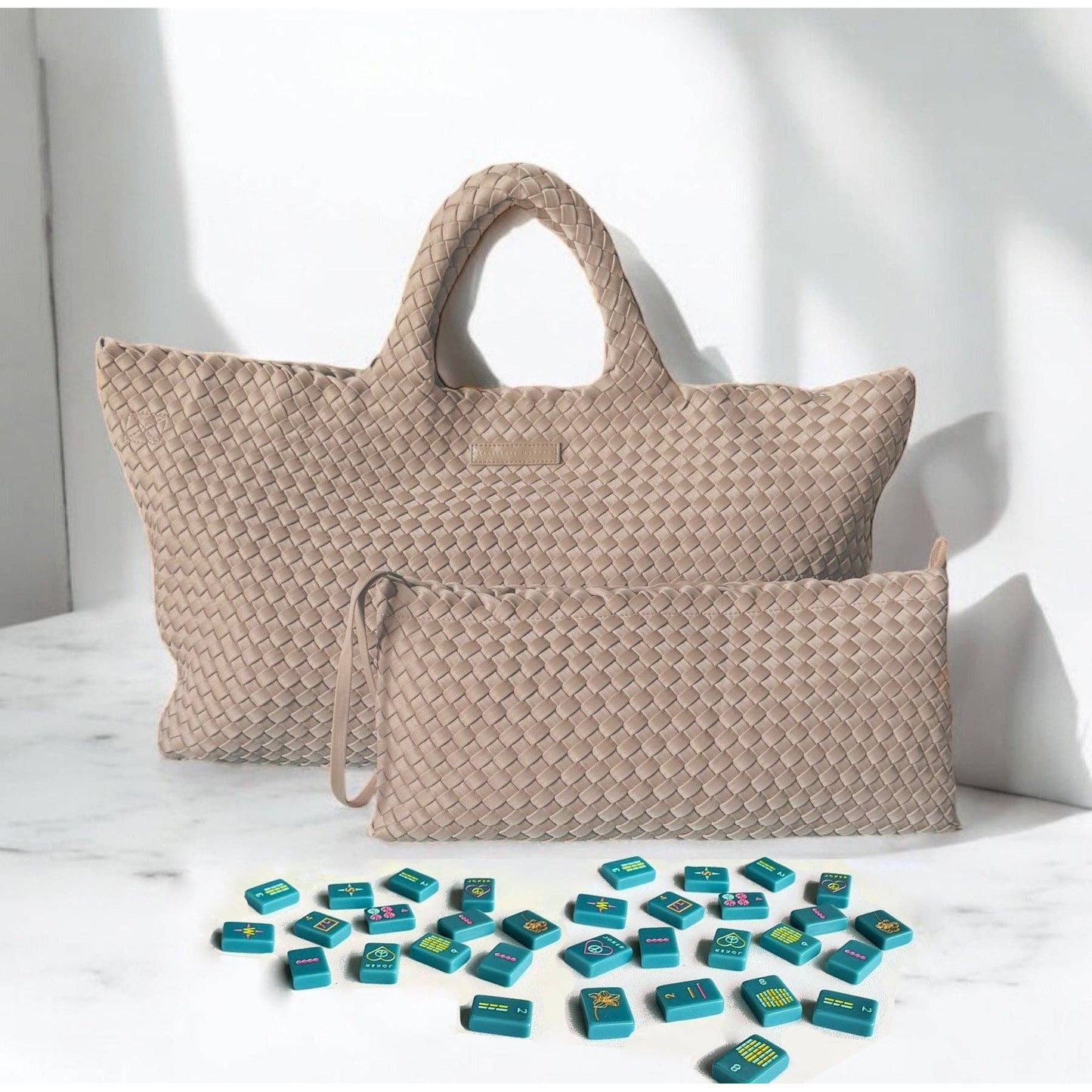 Peace Love Mahjong -  Woven Carryall with Matching Tile Pouch: Light Blue