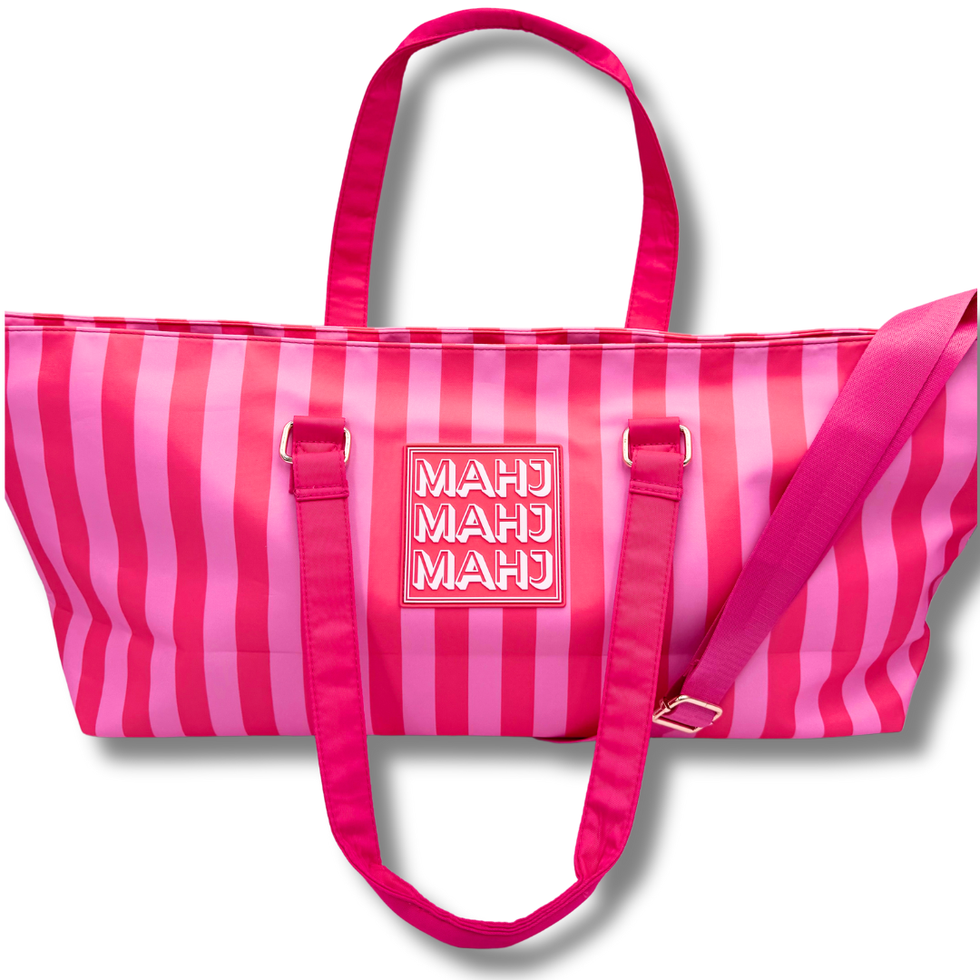 My Fair Mahjong - MAHJONG TOTE BAG  |  Wide with Zipper Closure: Stripes- Purple & Green Tote Bag
