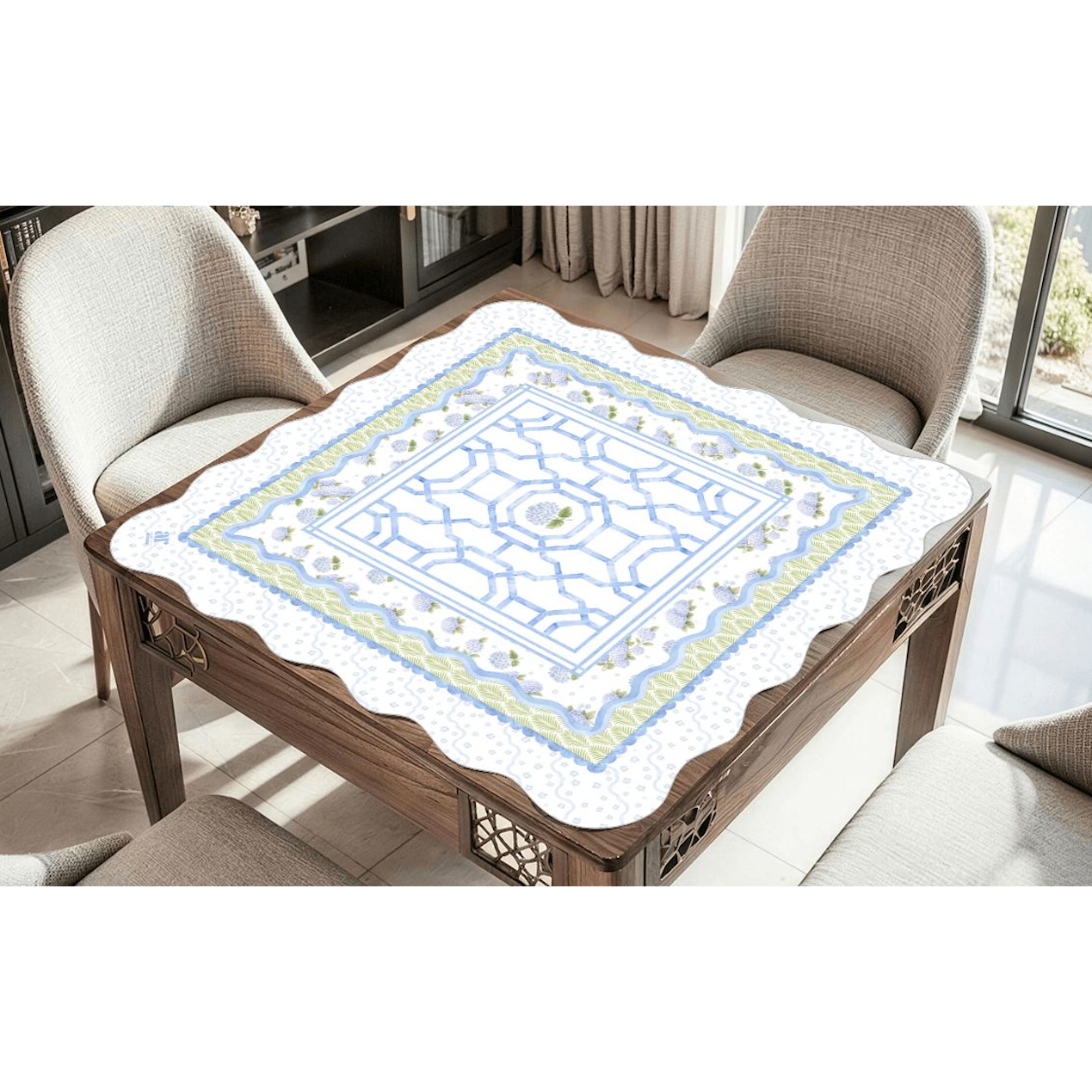 Anders Ruff Design Co. - Hamptons Hydrangea Mahjong Mat | The House of Hydrangea Coll: 31.5" Scalloped Edge