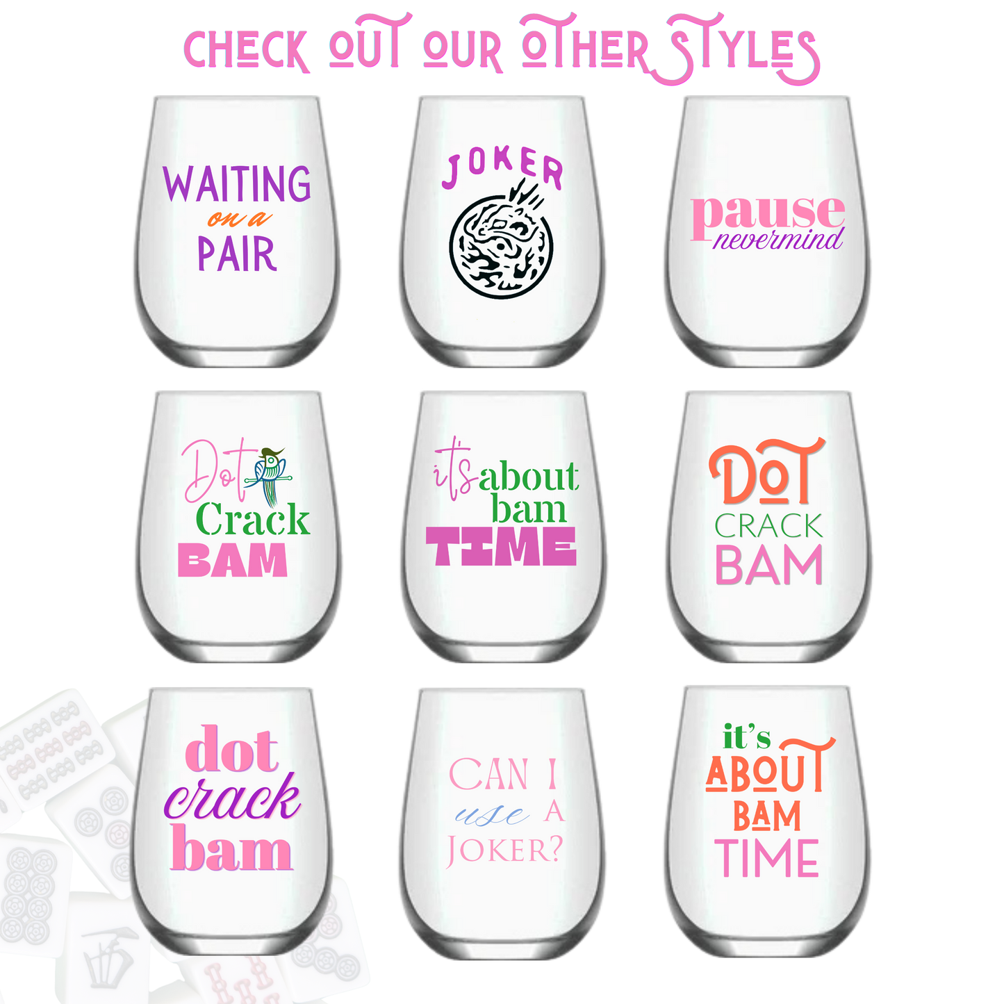 Fabuplates - Mahjong Stemless 4 ct Set Wine Glasses "It's About Bam Time"