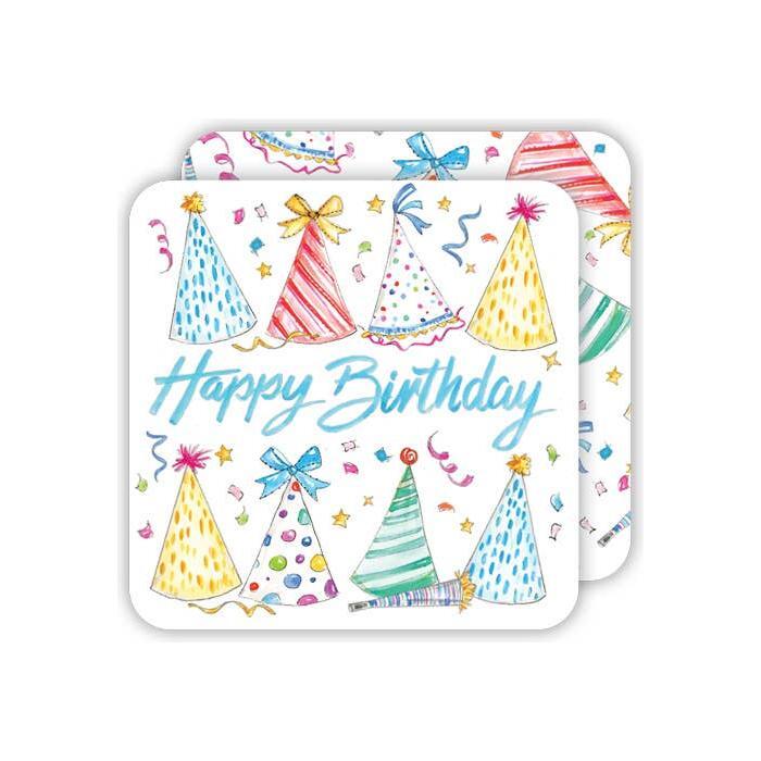 Happy Birthday Colorful Party Hats Square Coaster