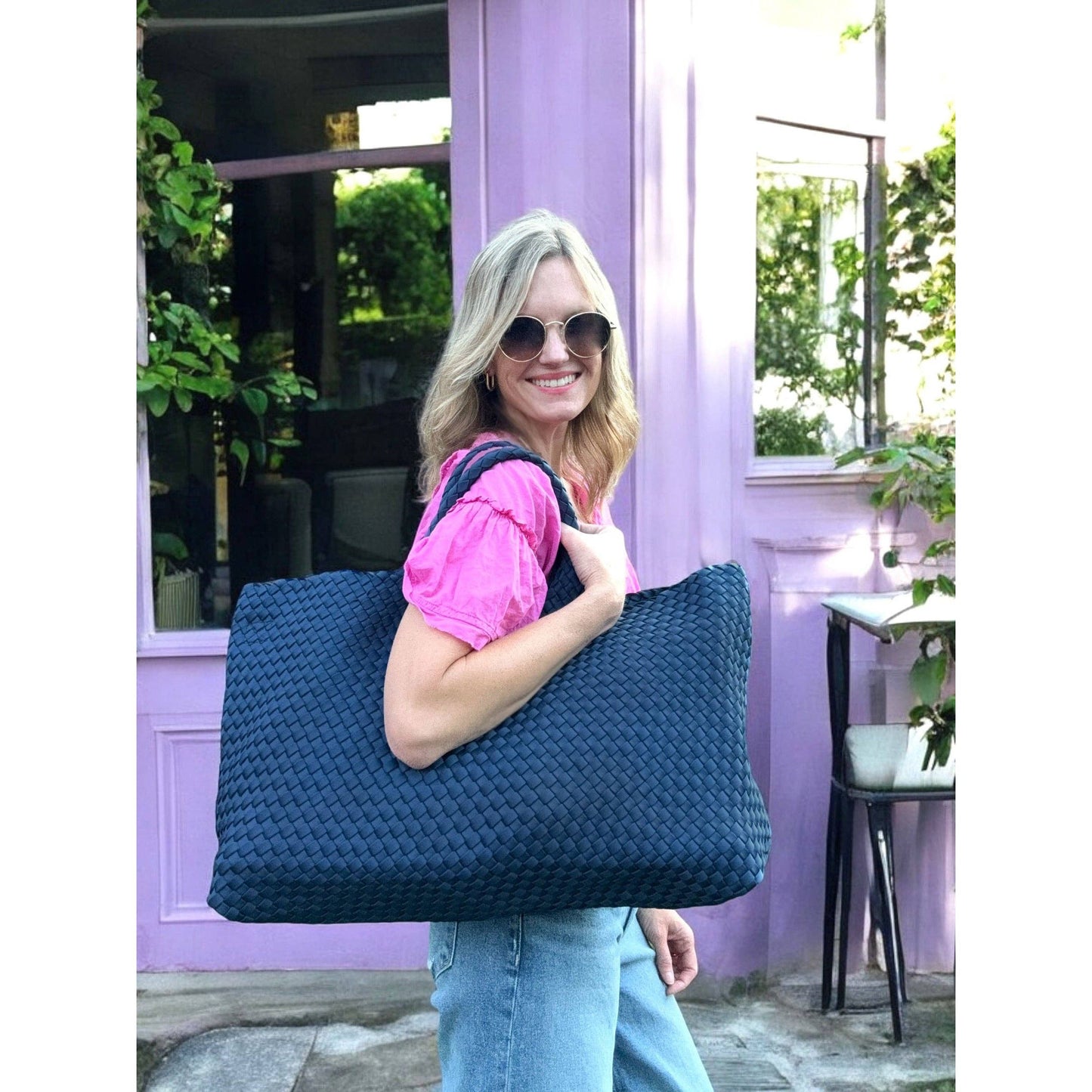 Peace Love Mahjong - Woven Mahjong Carryall -: Navy