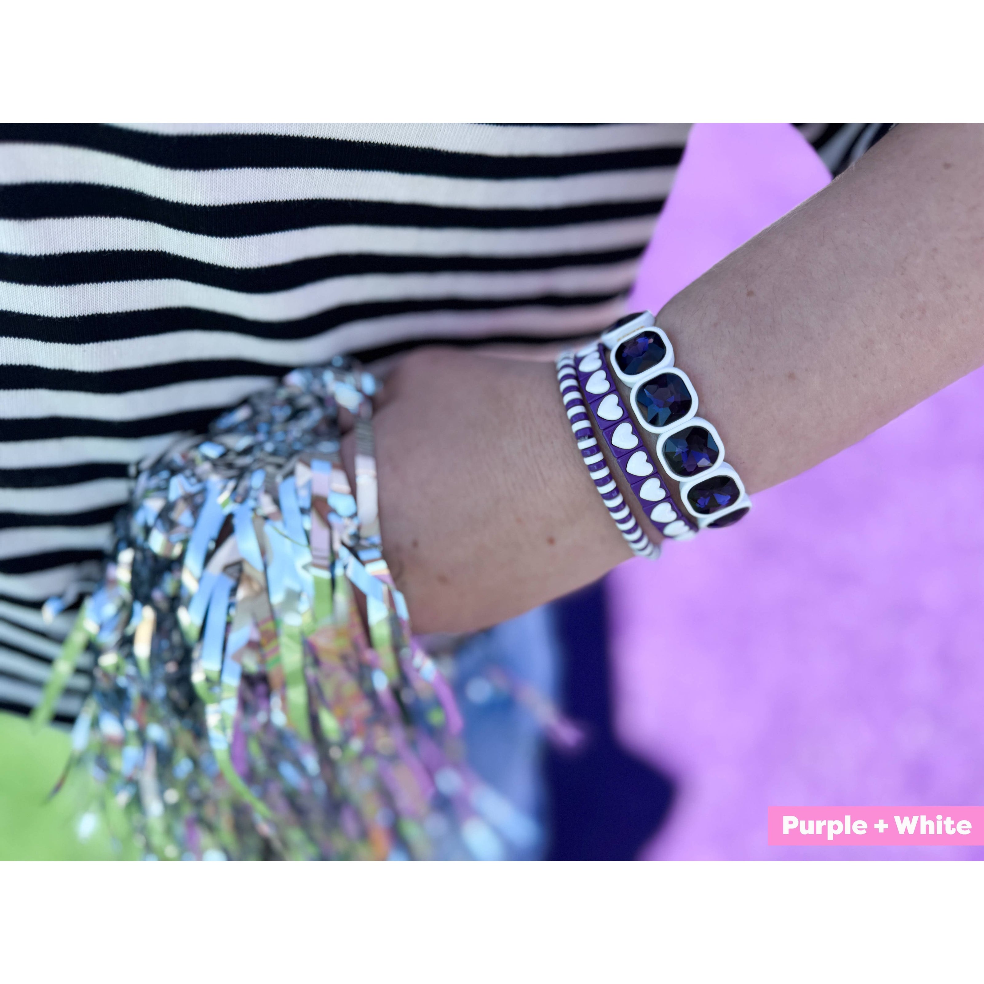 Enamel Stretch Bracelets - Team Spirit -Set of 3-Asst Colors: Purple + White