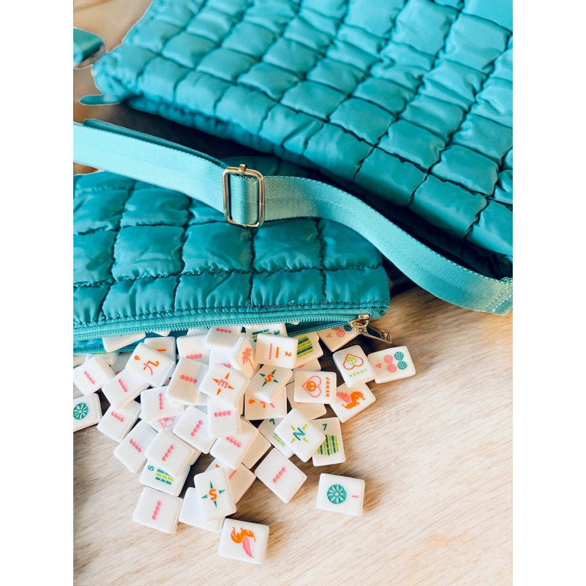 Peace Love Mahjong - Crossbody Travel Set Bag & Tile Pouch: Light Pink