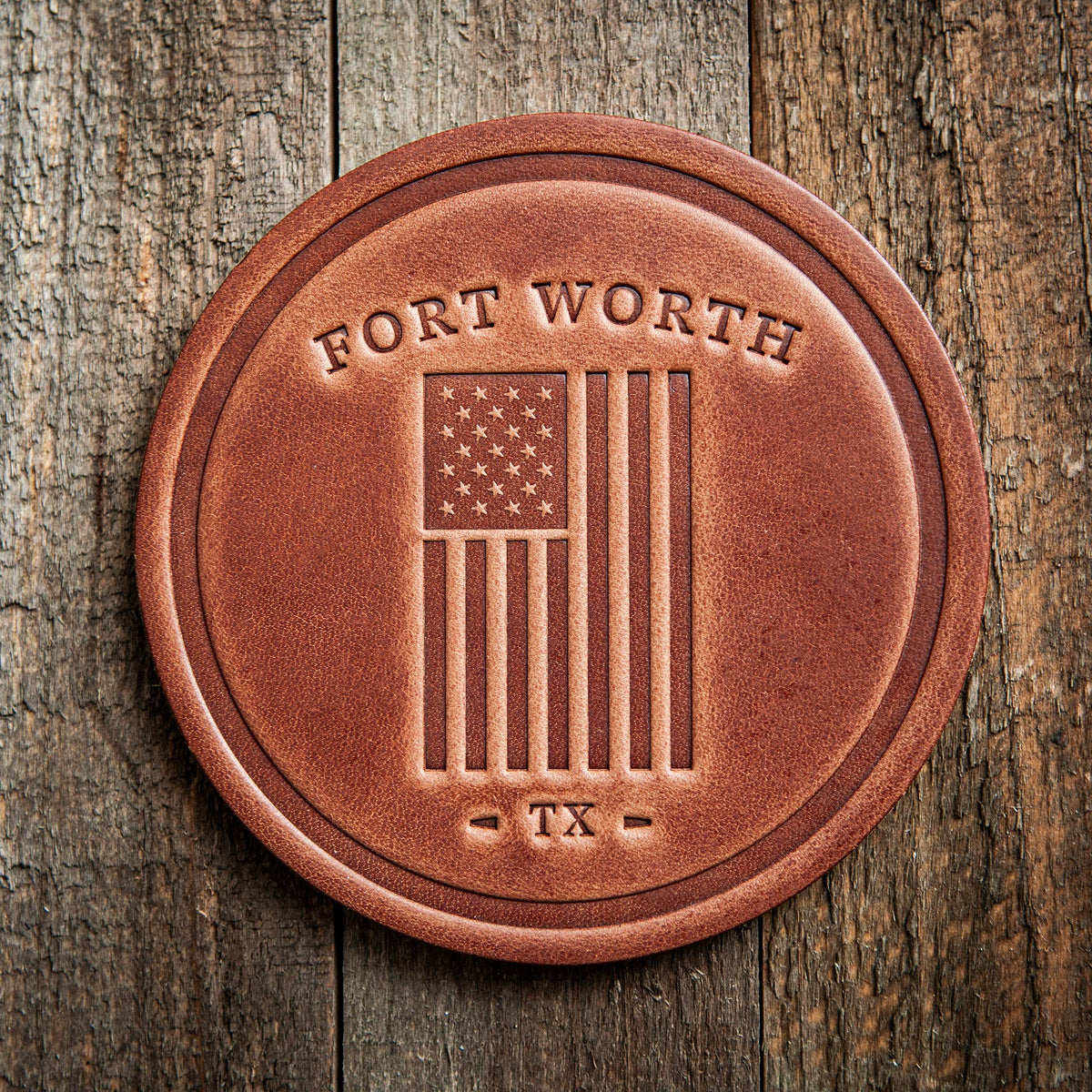 Fort Worth Texas American Flag Leather Coaster