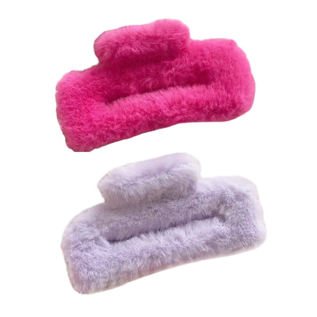 Furry Fuzzy Large Hair Claw Clips in Pink & Purple (set of 2)