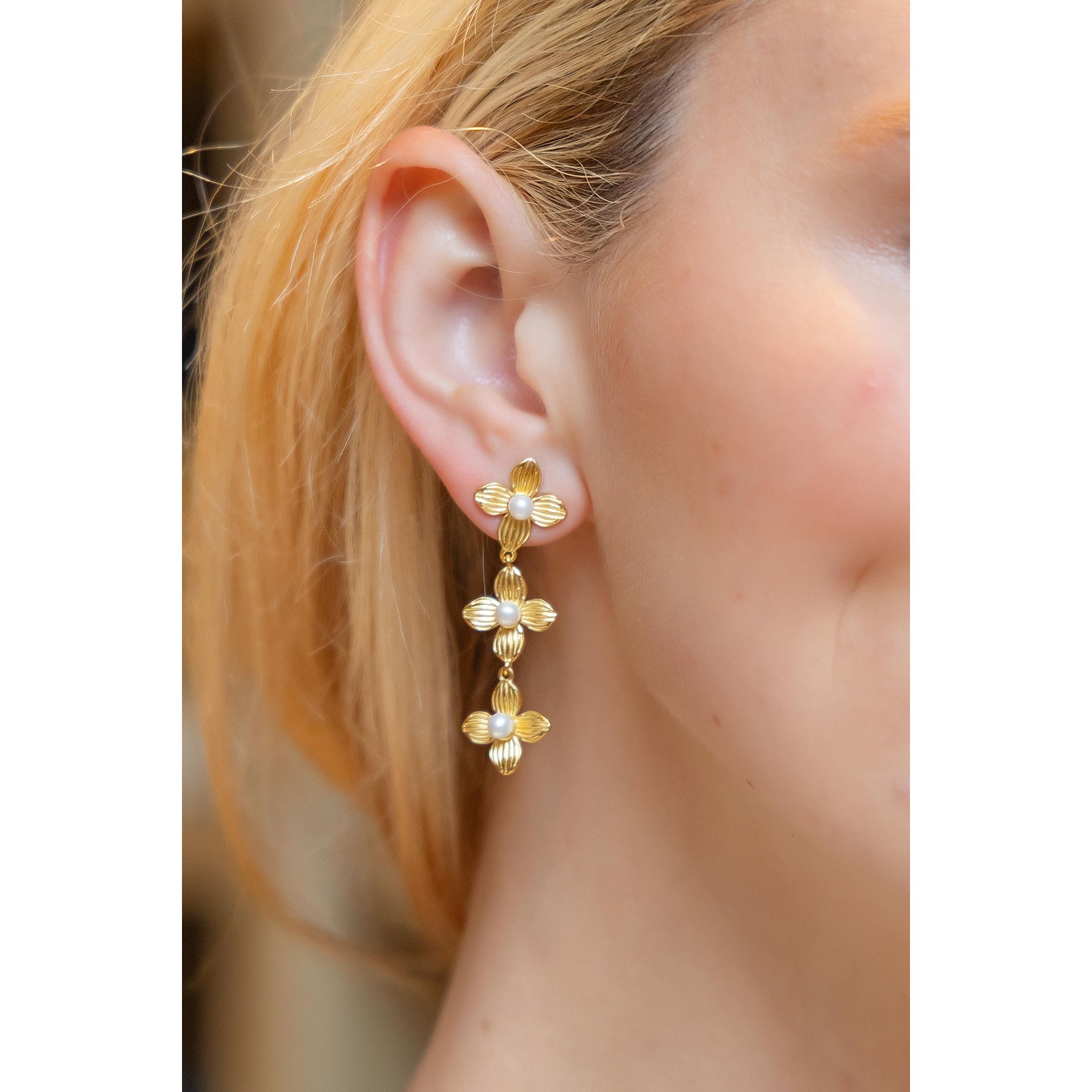 Bloom Gold & Pearl Triple Earrings