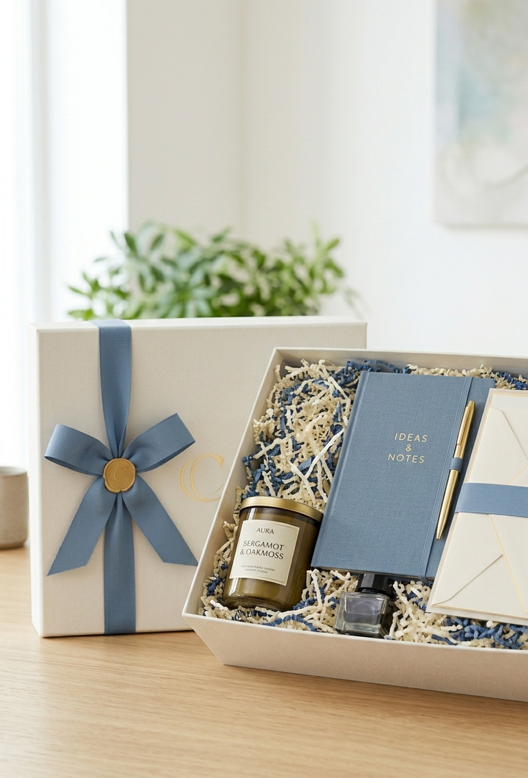 Gift set with candles, diffuser, and notebook in a box on a wooden surface.