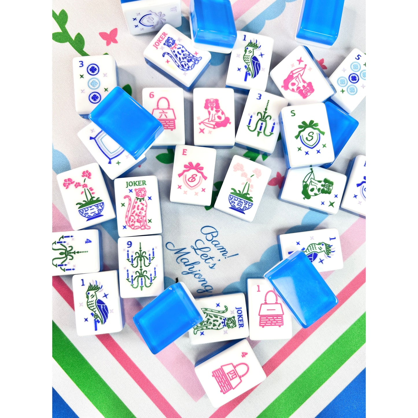 BAM!  Let's Mahjong MAHJONG TILES GRANDMILLENNIAL AND MATCHING MAT in BLUE