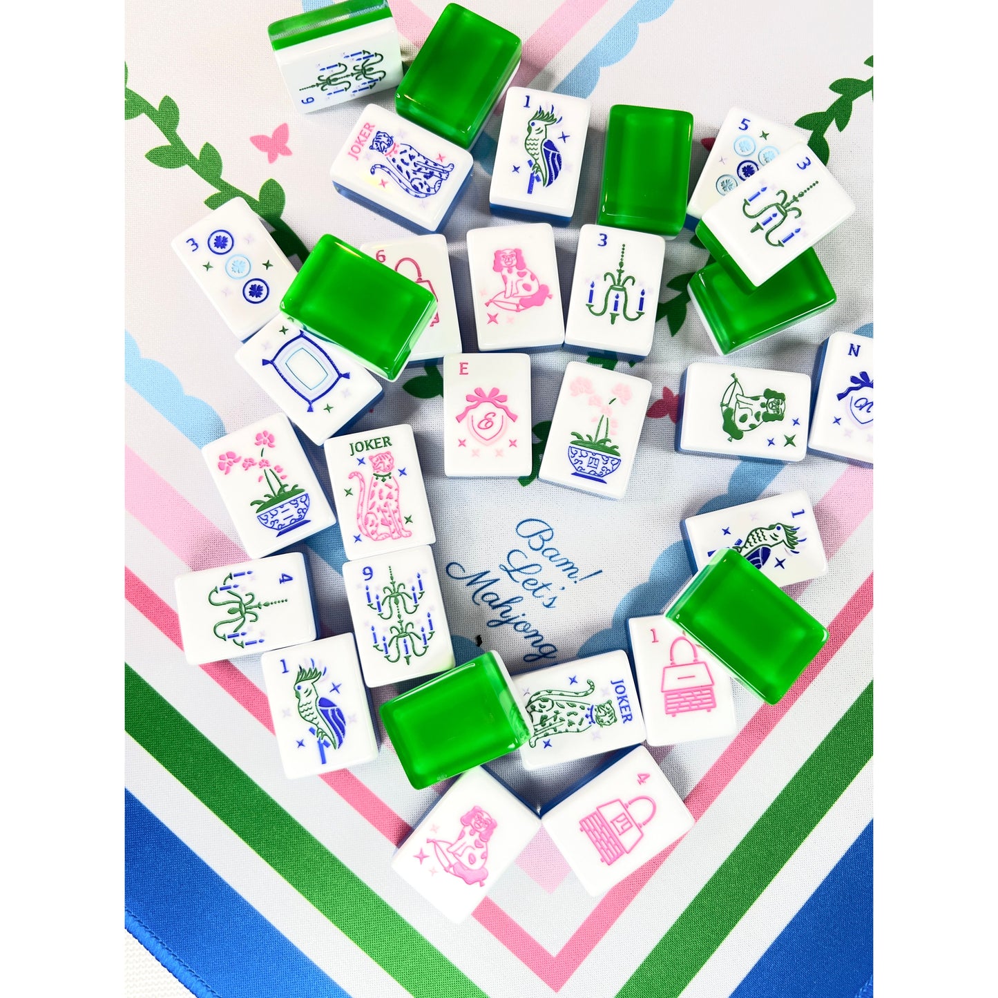 BAM!  Let's Mahjong MAHJONG TILES GRANDMILLENNIAL AND MATCHING MAT in GREEN
