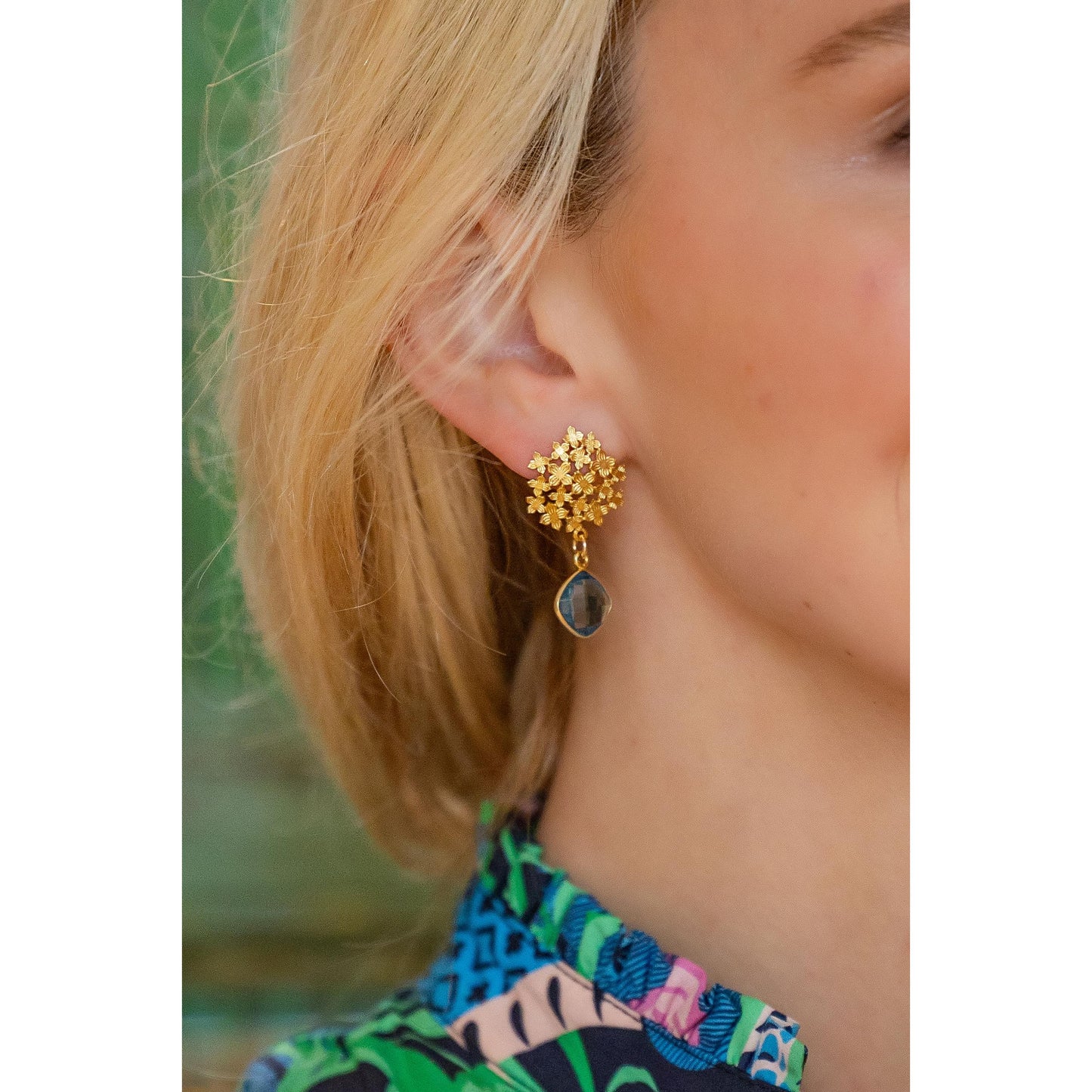 Jardin Hydrangea Gold Blue Quartz Earrings