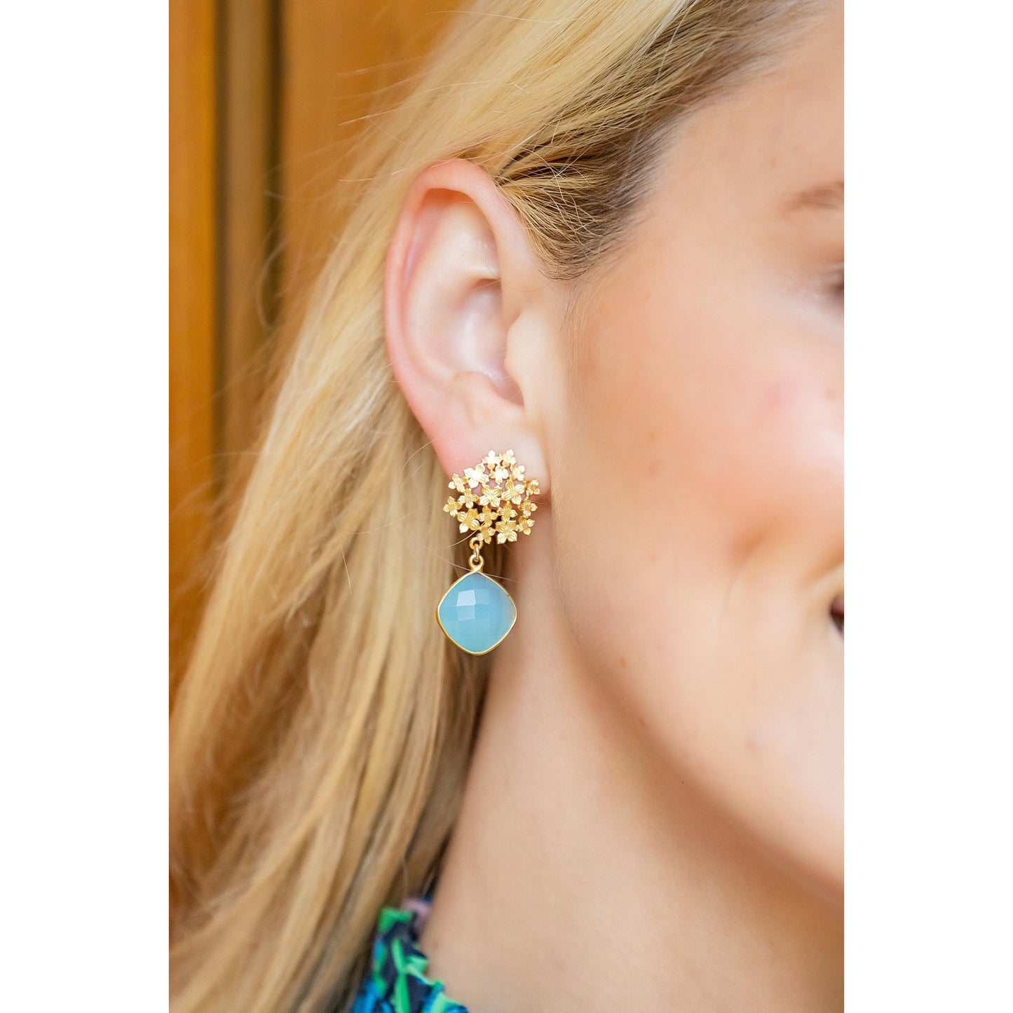 Jardin Hydrangea Gold Sky Blue Quartz Earrings