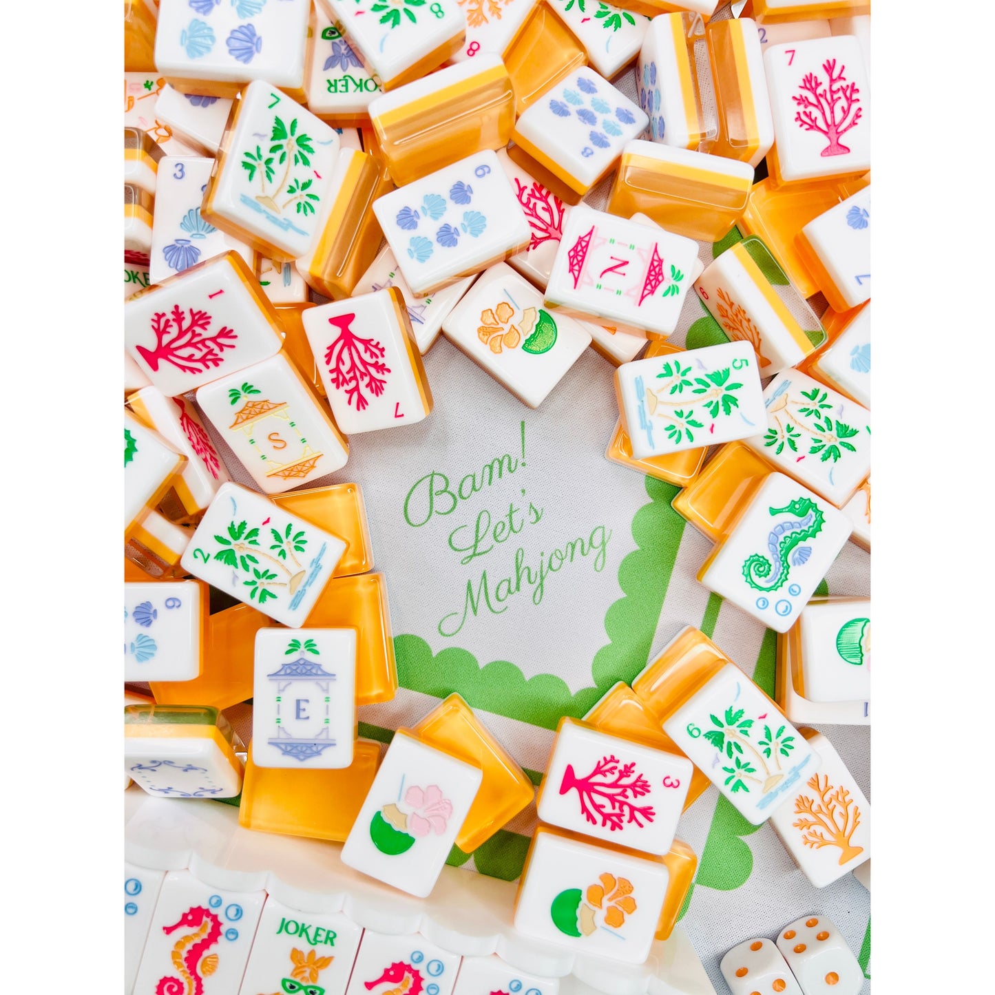 BAM! Let's Mahjong THE PALM ROYALE MAHJONG TILES+ MATCHING MAT in TANGERINE