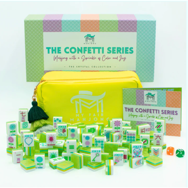 My Fair Mahjong Crystal Confetti Citrus Green | Mahjong with a Sprinkle of Color and Joy | Clear Top with Colorful Pattern and Layers
