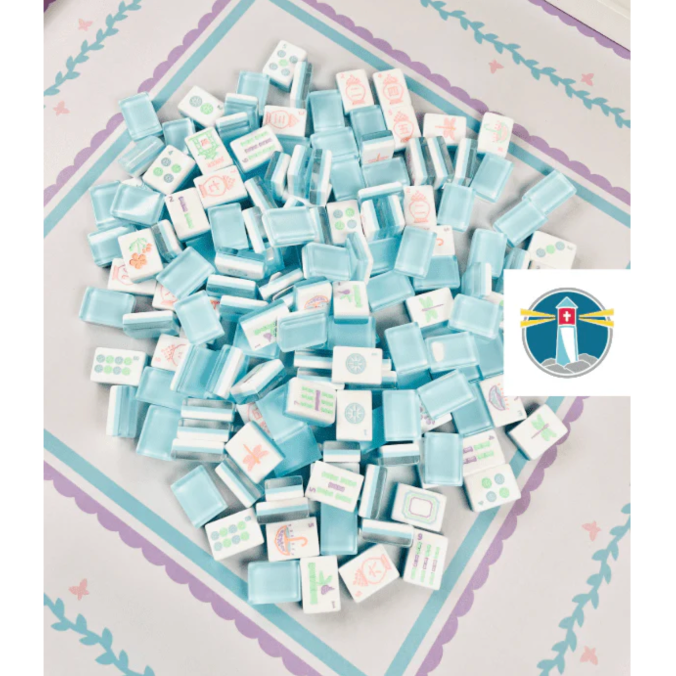 Bam!  Let's Mahjong:  Garden Party Mahjong Tiles, Mat and Shufflers:  Sky Blue