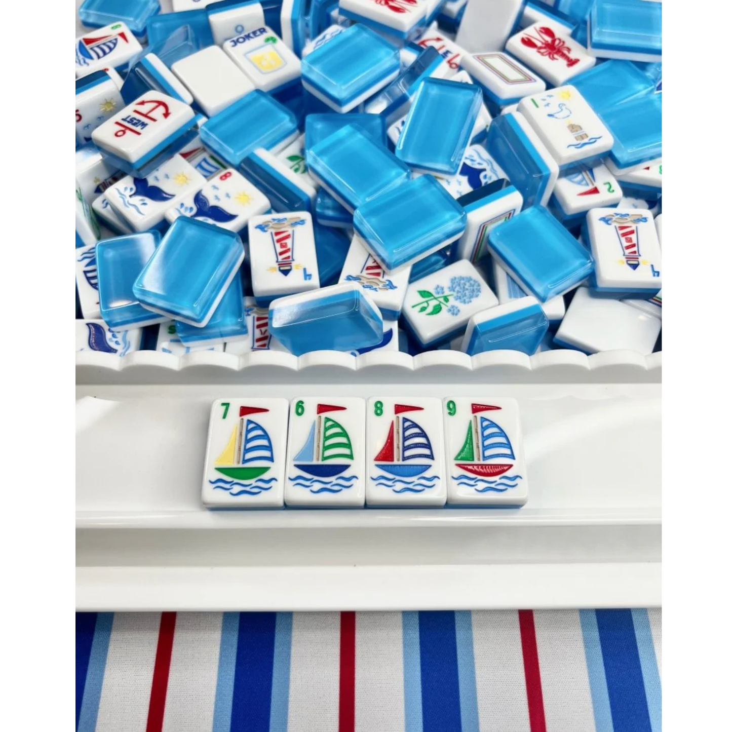 Bam!  Let's Mahjong:  Nantucket Tile Collection with Matching Mat and Shuffler (Seaside Blue)