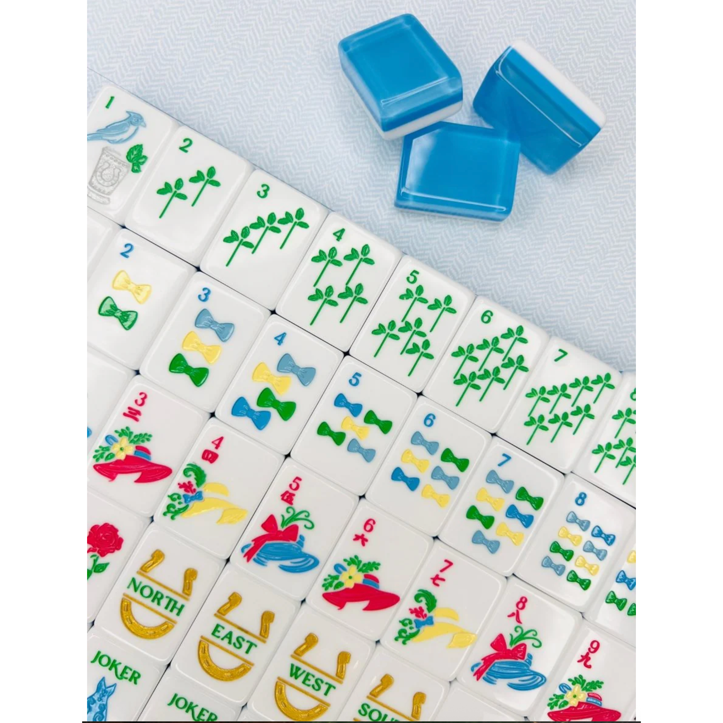 Bam!  Let's Mahjong:  MINT AND ROSES MAHJONG TILE SET WITH MAT & SHUFFLERS