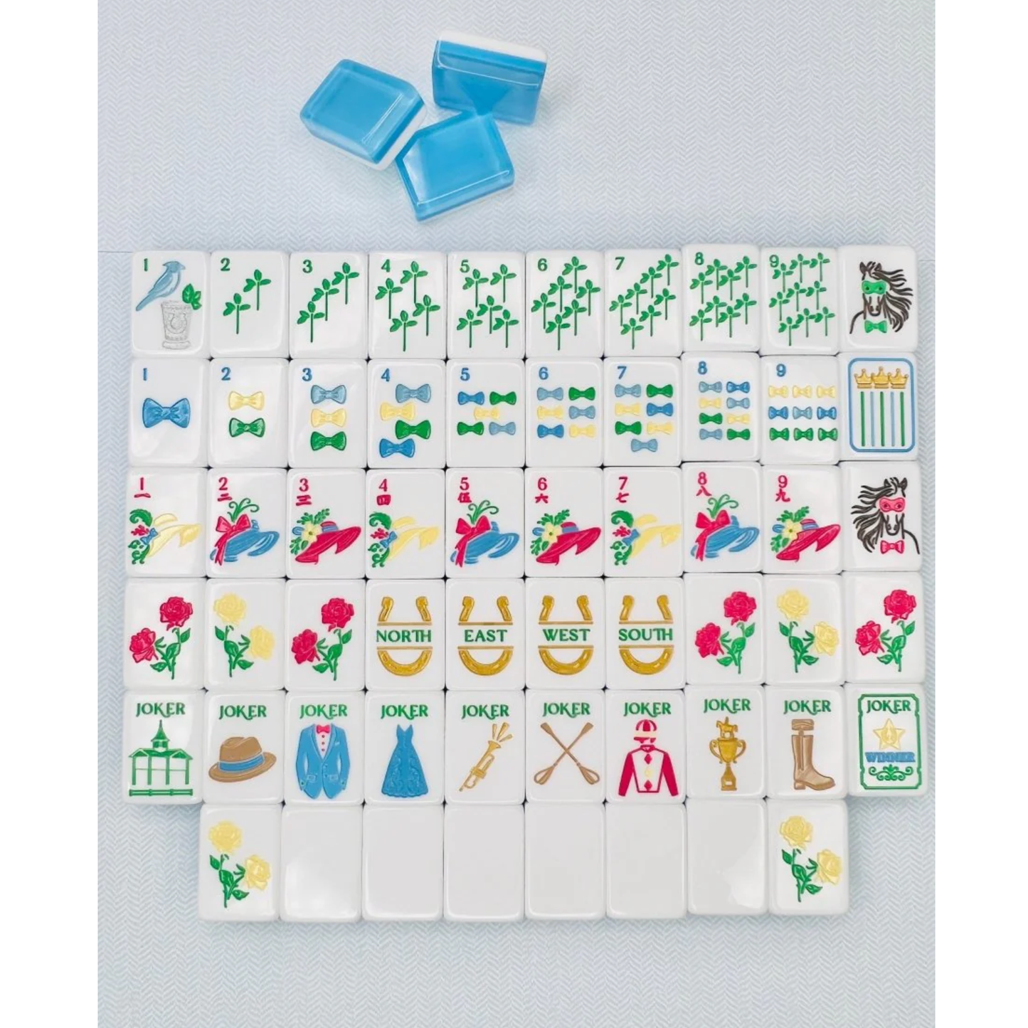 Bam!  Let's Mahjong:  MINT AND ROSES MAHJONG TILE SET WITH MAT & SHUFFLERS