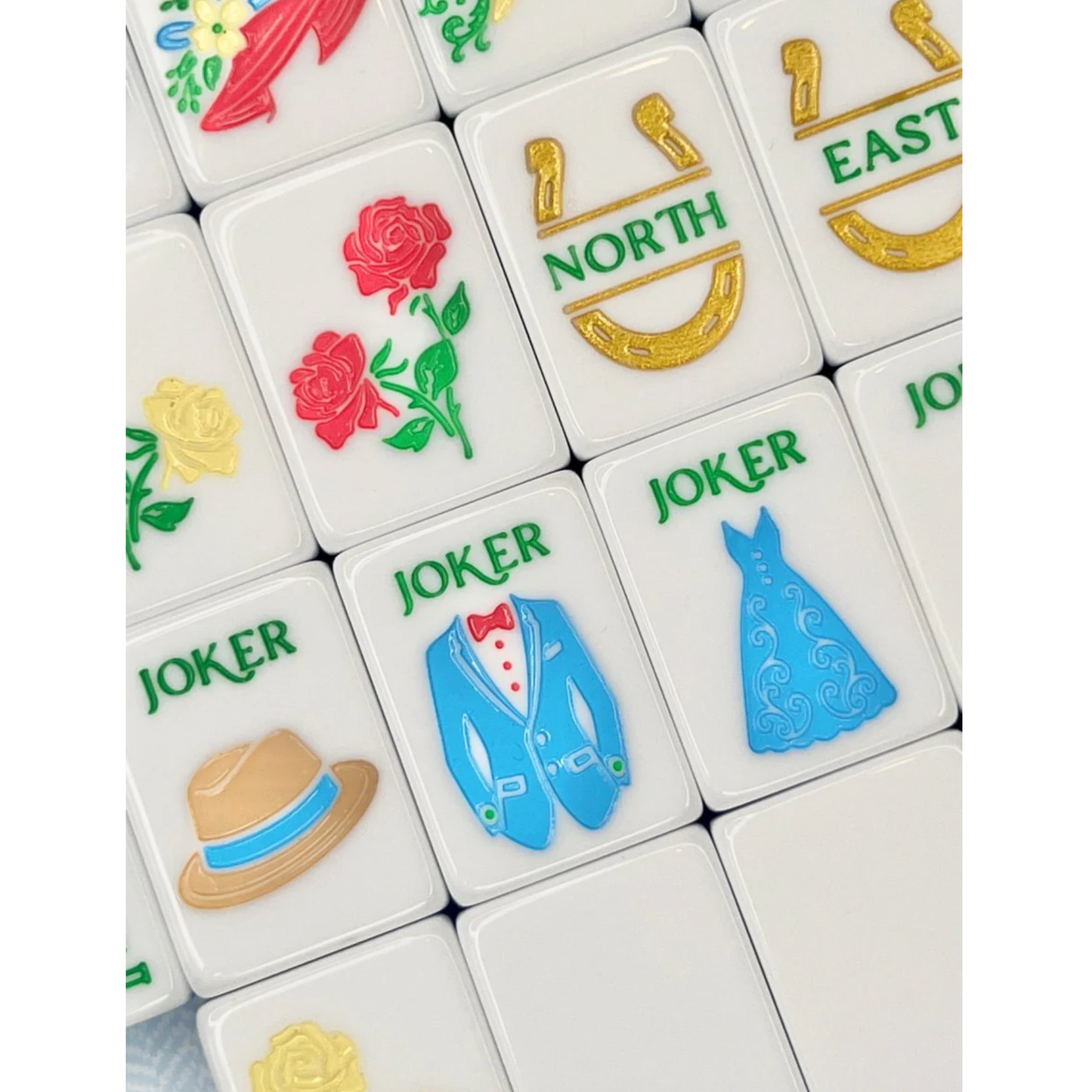 Bam!  Let's Mahjong:  MINT AND ROSES MAHJONG TILE SET WITH MAT & SHUFFLERS