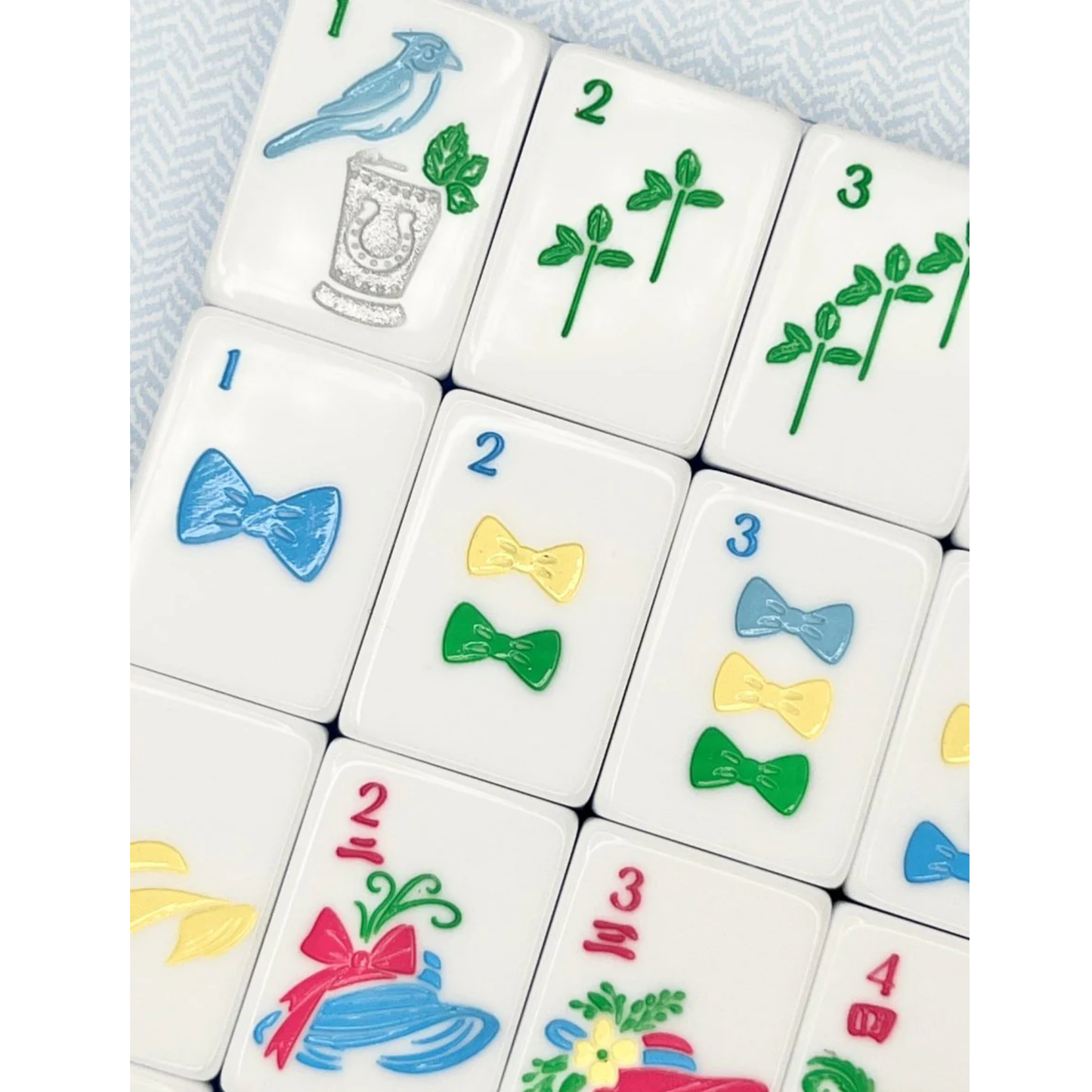 Bam!  Let's Mahjong:  MINT AND ROSES MAHJONG TILE SET WITH MAT & SHUFFLERS