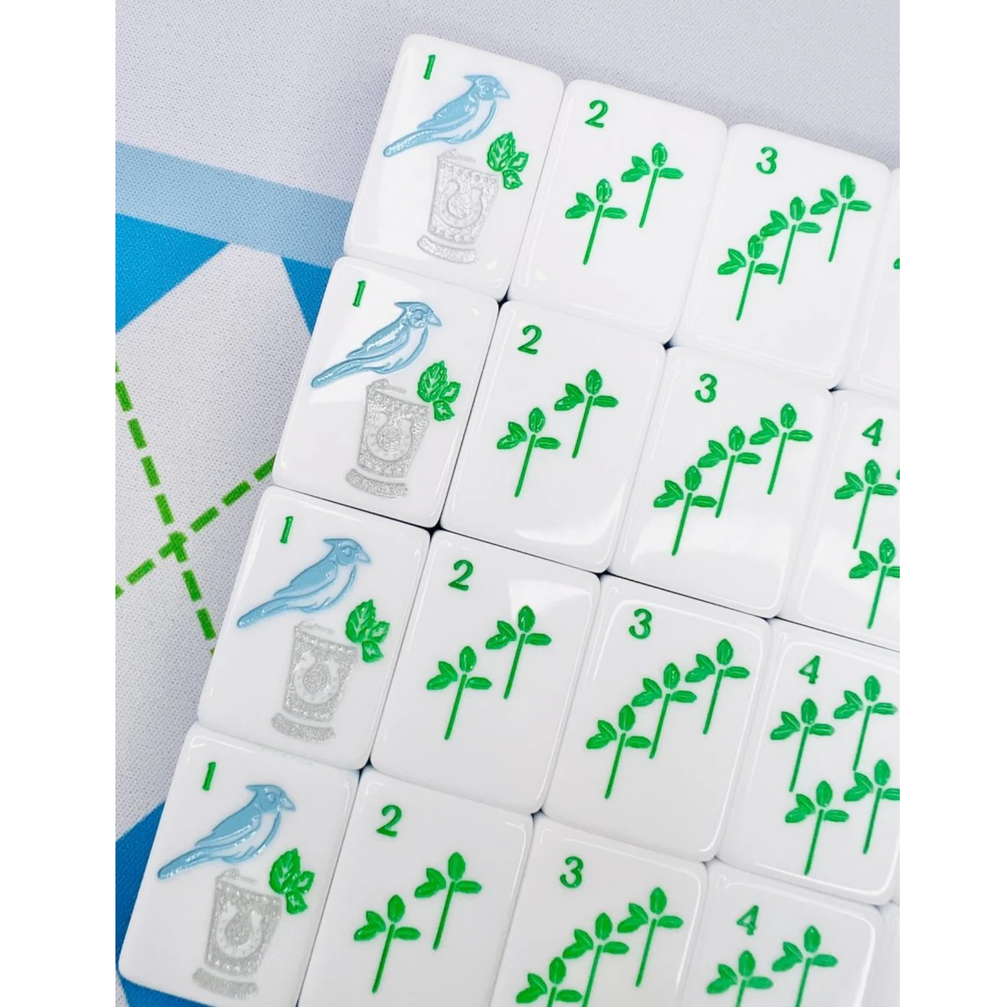 Bam!  Let's Mahjong:  MINT AND ROSES MAHJONG TILE SET WITH MAT & SHUFFLERS