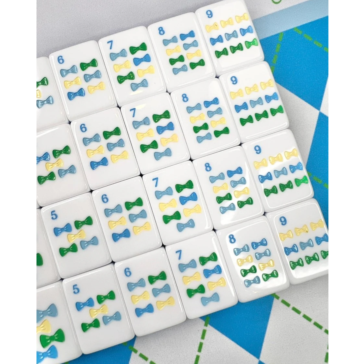 Bam!  Let's Mahjong:  MINT AND ROSES MAHJONG TILE SET WITH MAT & SHUFFLERS