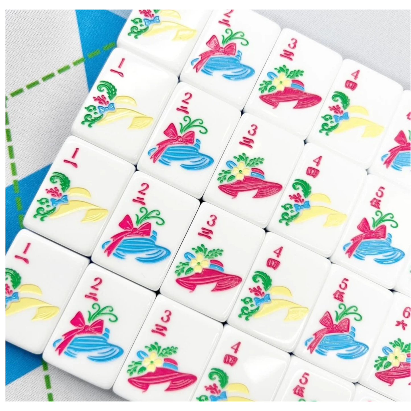 Bam!  Let's Mahjong:  MINT AND ROSES MAHJONG TILE SET WITH MAT & SHUFFLERS