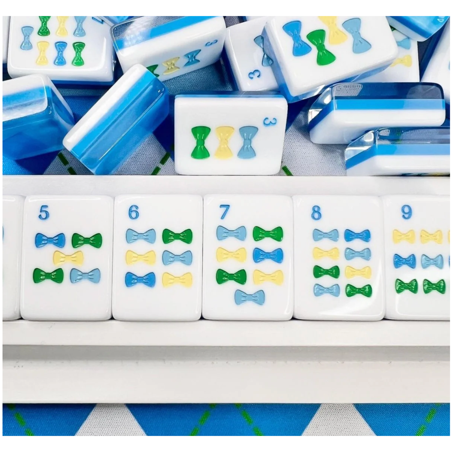 Bam!  Let's Mahjong:  MINT AND ROSES MAHJONG TILE SET WITH MAT & SHUFFLERS