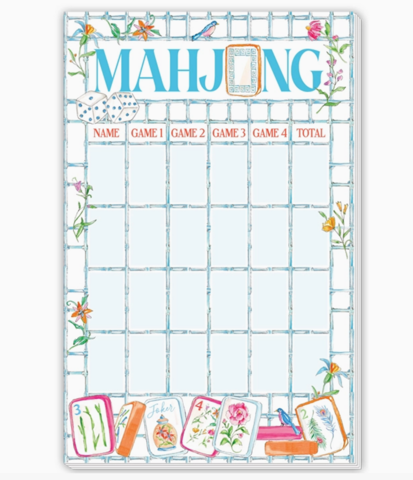 Blue Bamboo and Flowers Mahjong Scorecard