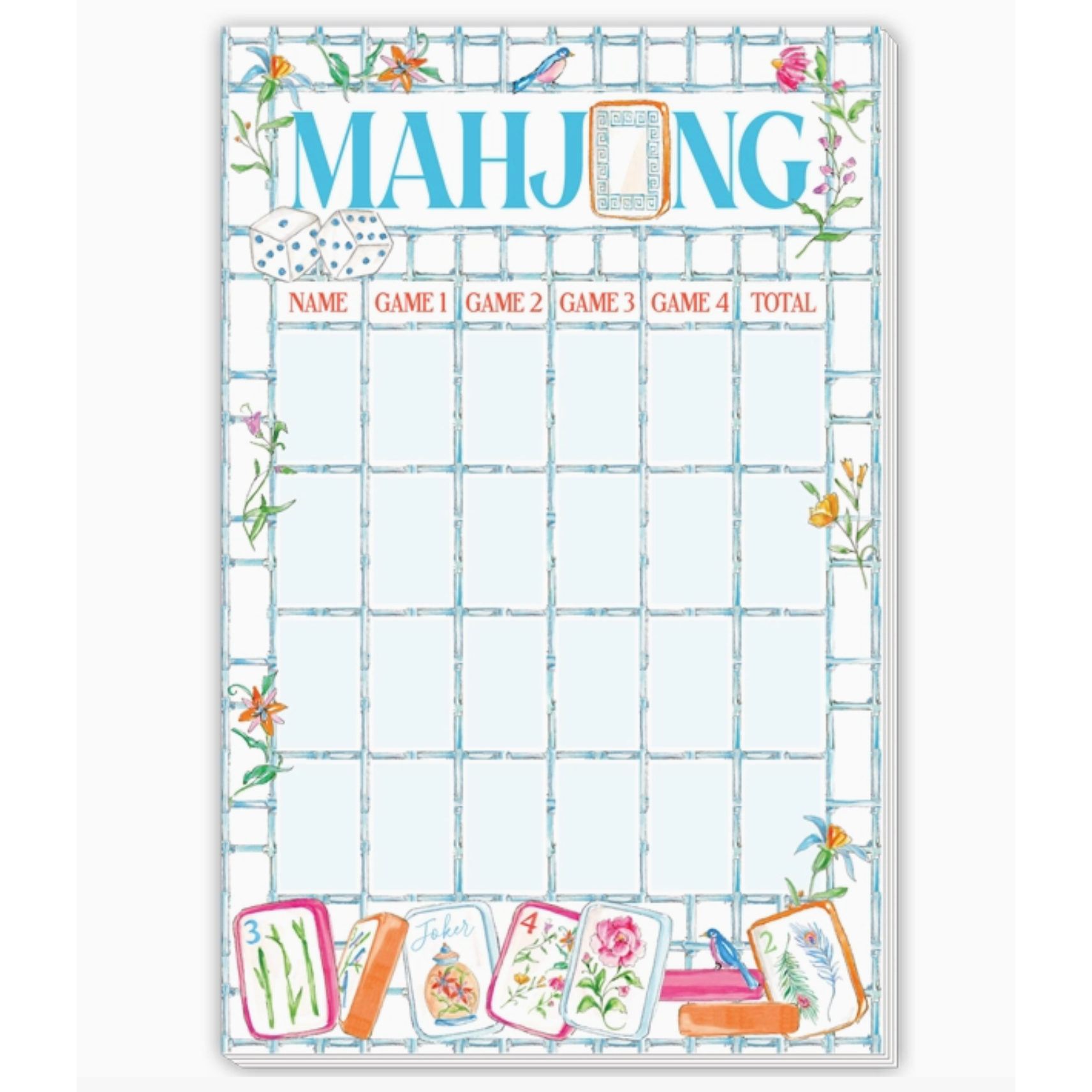 Blue Bamboo and Flowers Mahjong Scorecard
