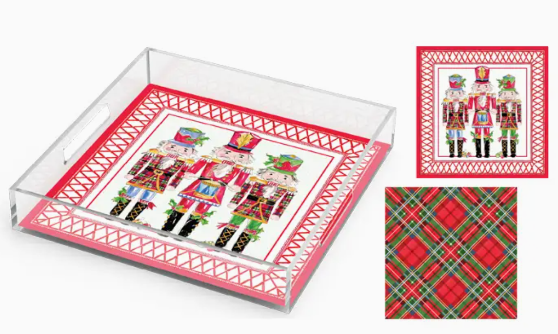Red & Green Plaid Nutcracker Trio | Acrylic Tray | 12x12