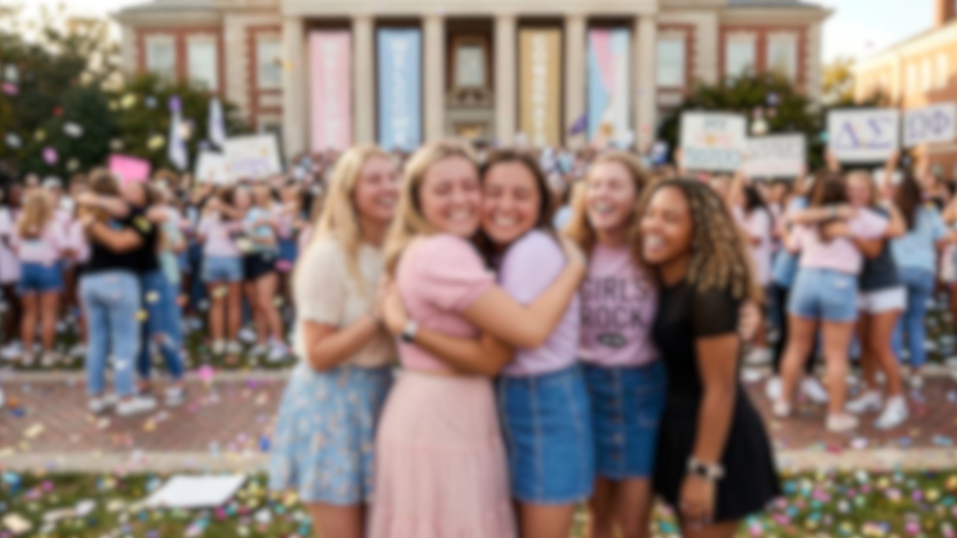 Group of young women posing together with a blurred background of bid day
