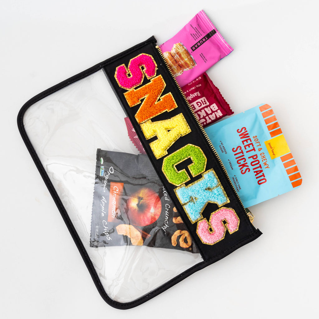 Large Clear Chenille Letter Patch Pouch - SNACKS- PC: White