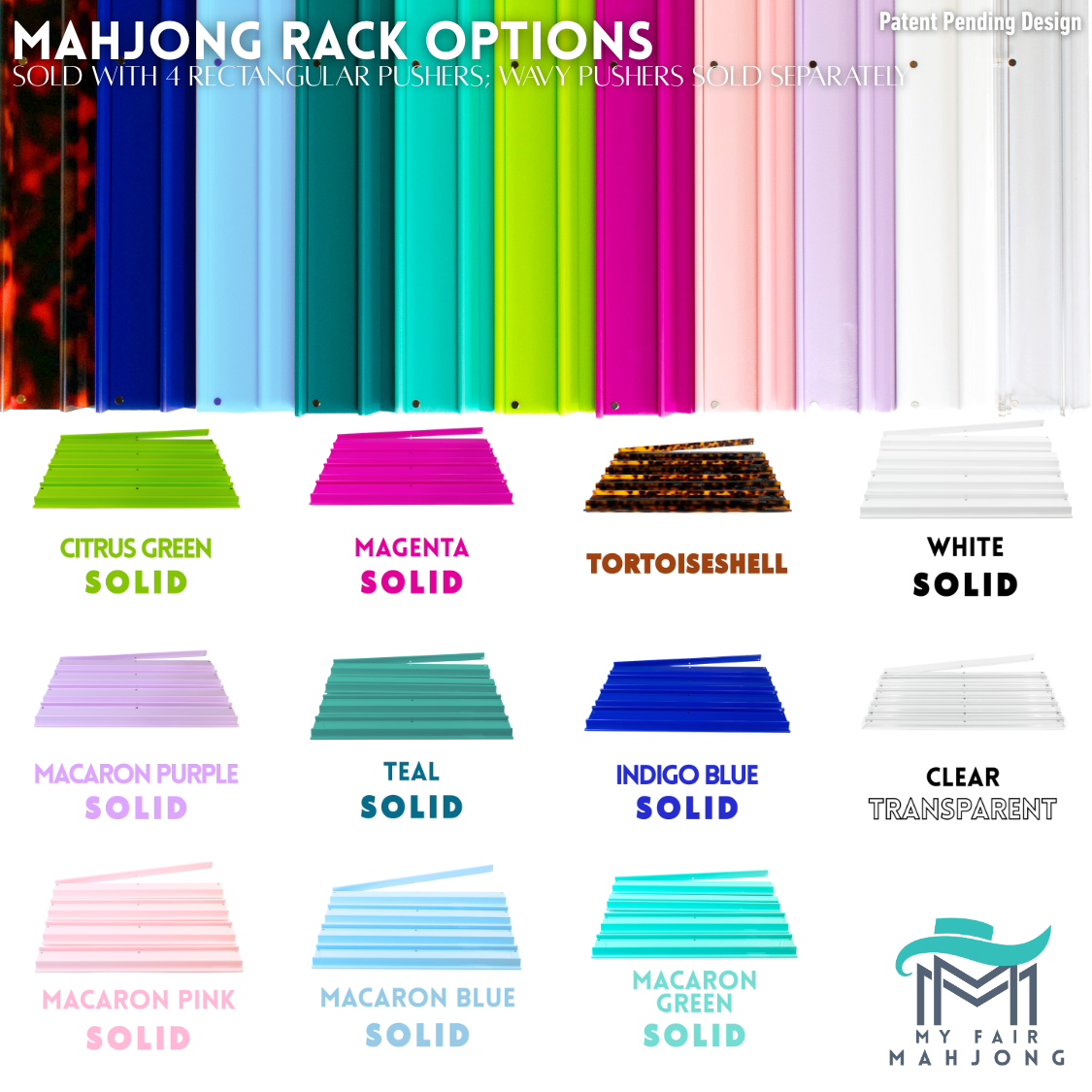 My Fair Mahjong - MAHJONG RACKS | Premium Acrylic | 4 Racks + 4 Pushers: Solid Citrus Green / Chartreuse