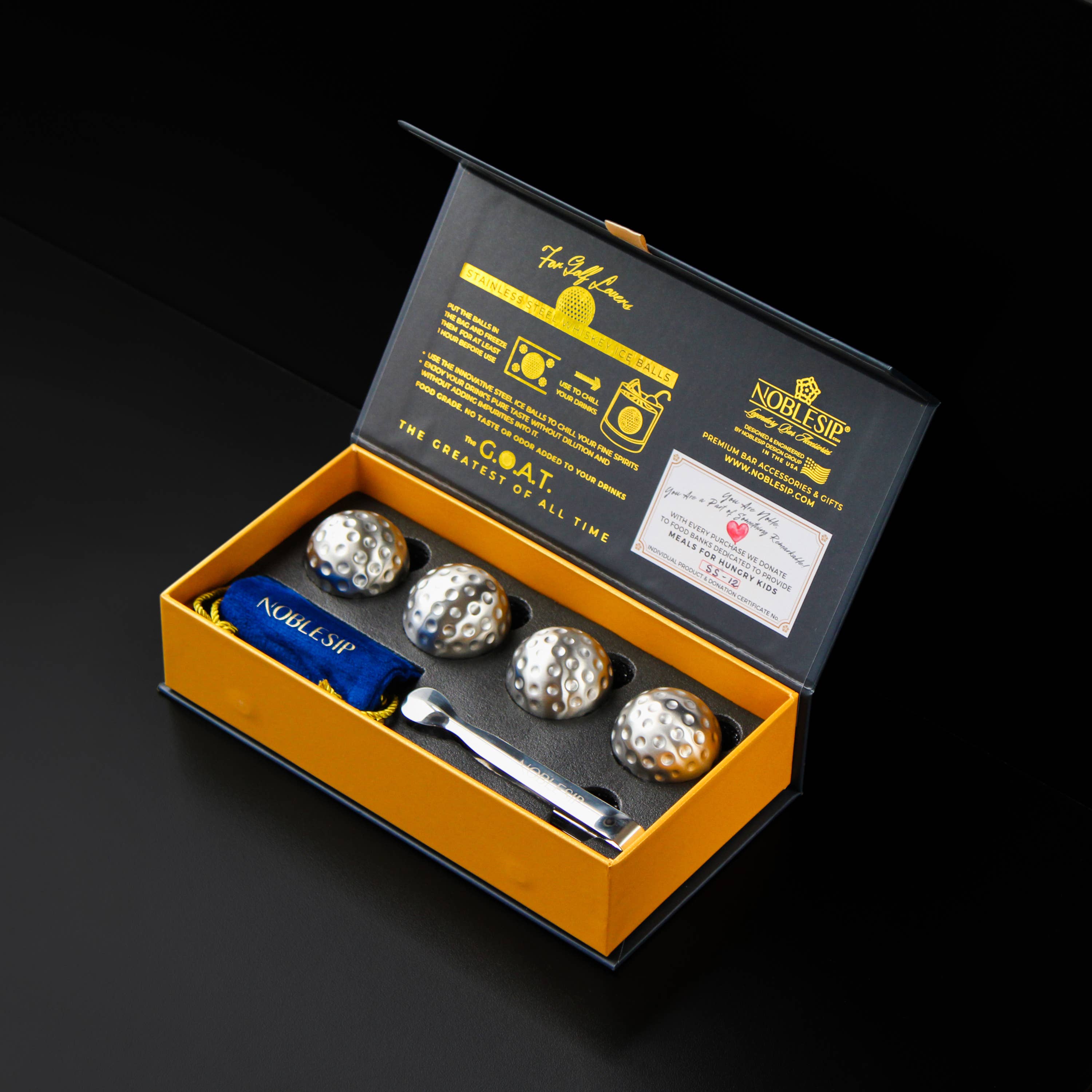 NOBLESIP - Whiskey GOLF Steel Ice Balls - New NOBLESIP Premium Gift Box