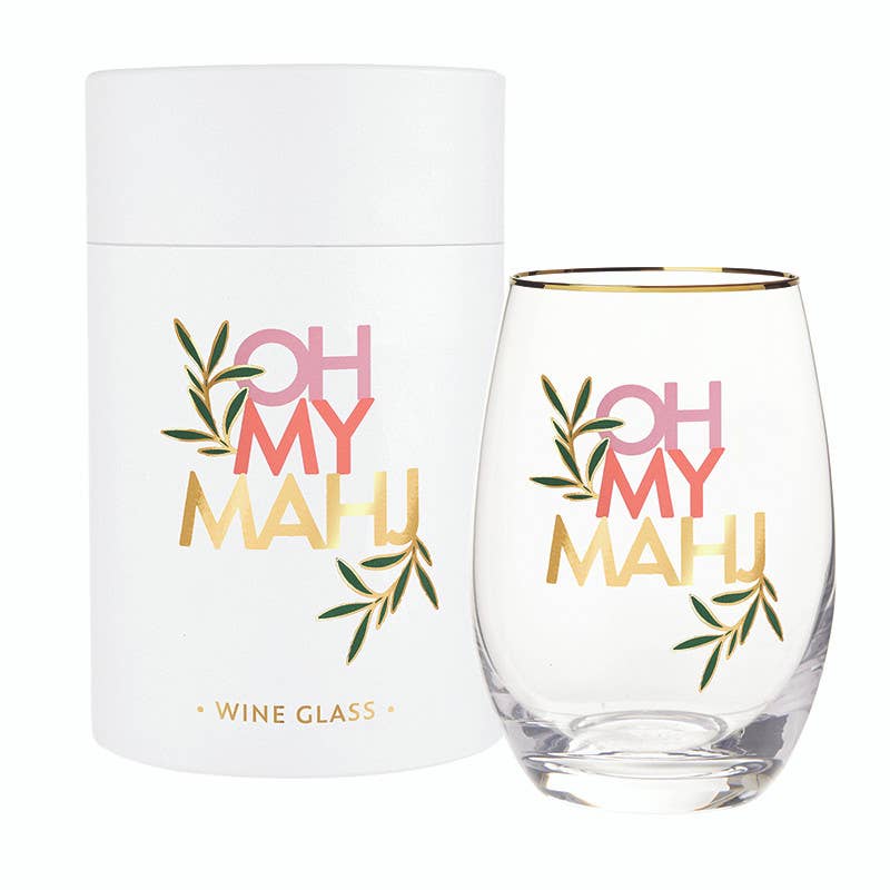 Gold Foil Stemless Wine Glass - Oh My Mahj: 17oz, 4.5" H