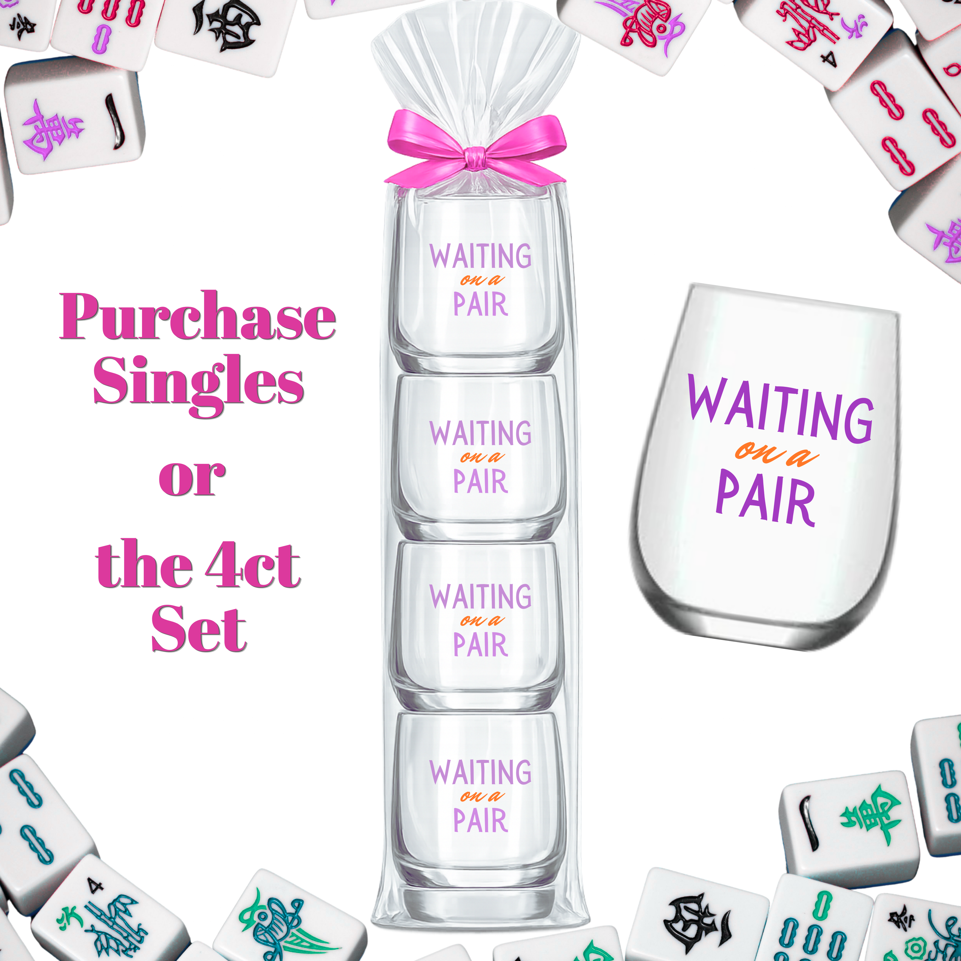 Fabuplates - Mahjong Stemless Tossware 4 ct Set Wine Glasses "Waiting on a Pair"