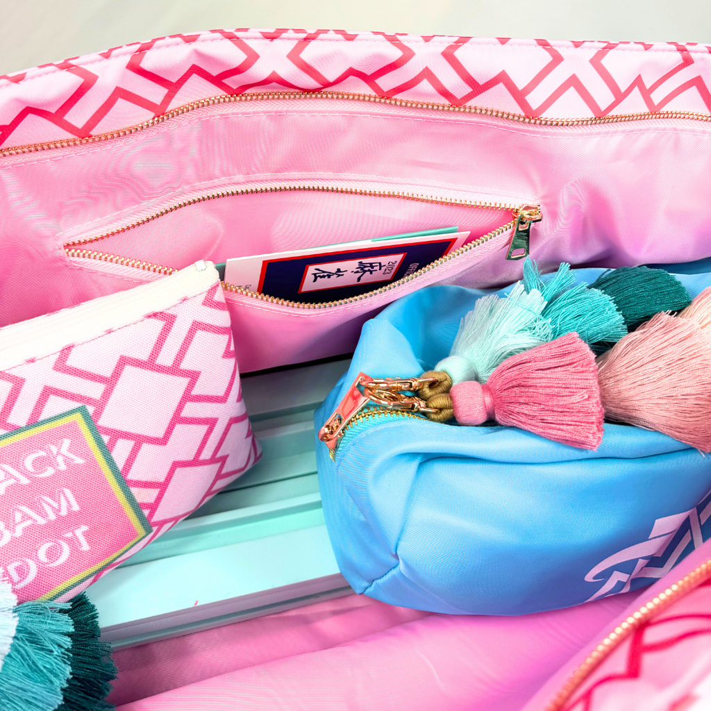 My Fair Mahjong - MAHJONG TOTE BAG  |  Wide with Zipper Closure: Geometric- Pink Tote Bag