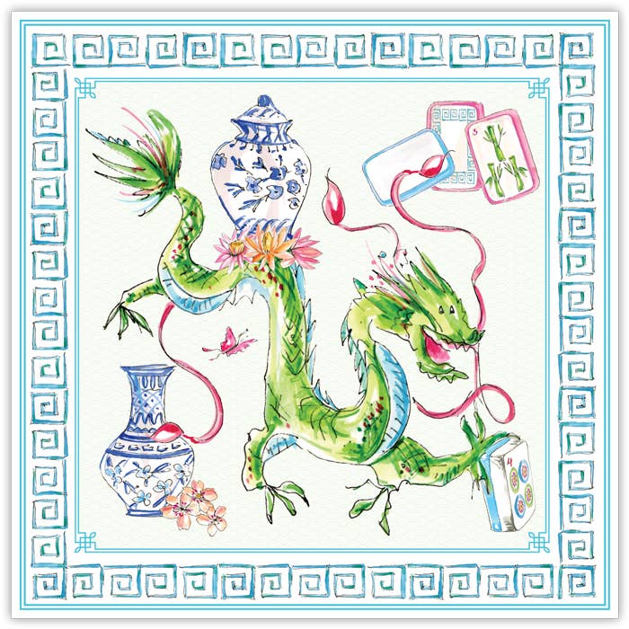 RosanneBeck Collections - Blue Border and Green Mahjong Dragon Square Placemats