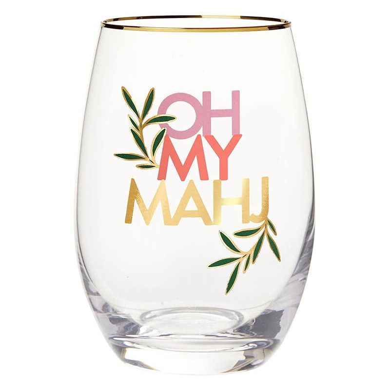 Gold Foil Stemless Wine Glass - Oh My Mahj: 17oz, 4.5" H