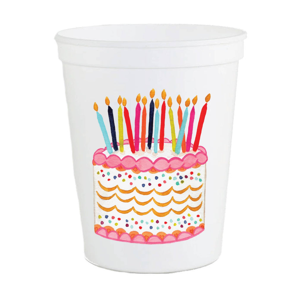 Watercolor Birthday Cake Bday Party Stadium Cups-  Set of 6